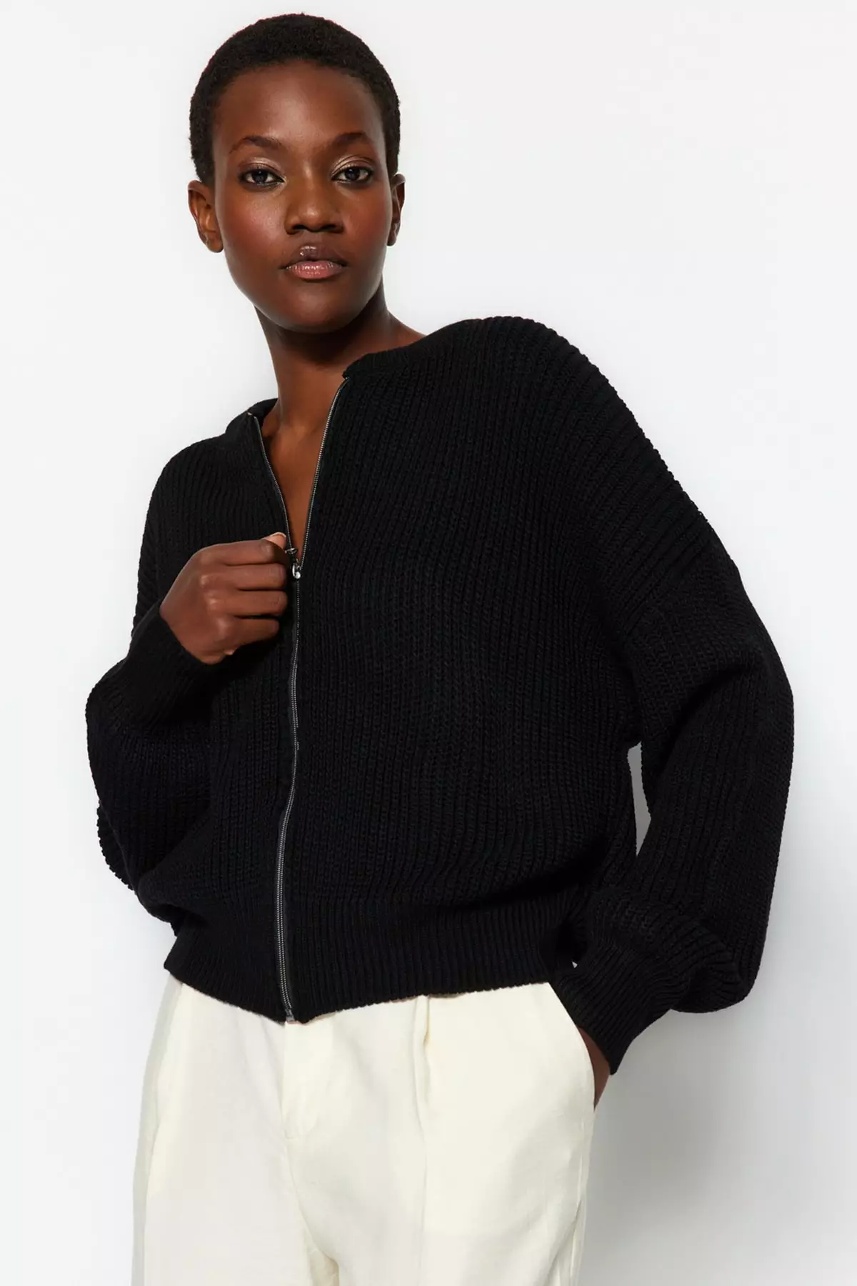Black Wide Fit Bomber Collar Zippered Knitwear Cardigan Twoaw24Hi00153