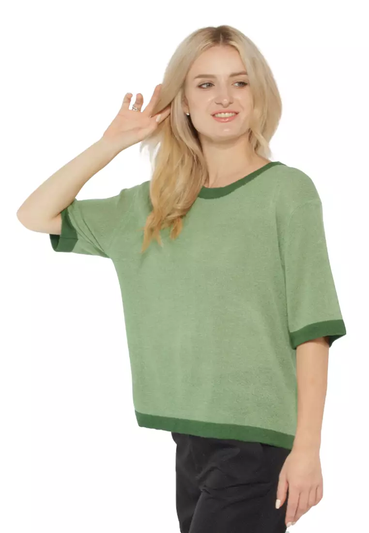 Green contrast neck and sleeve rib t-shirt