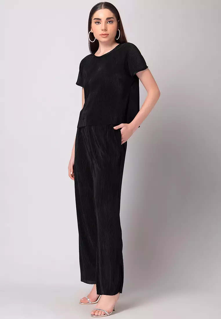 Black Pleated Top And Trousers Co-ord Set