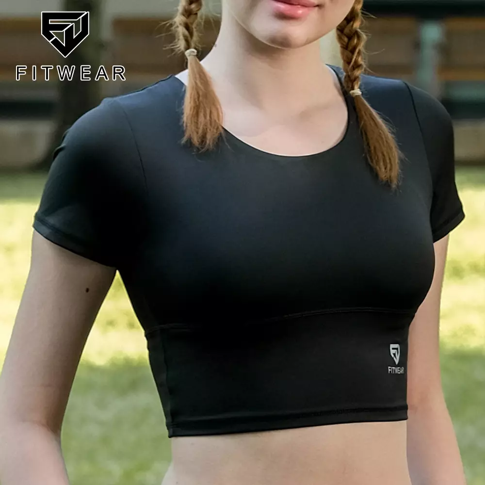 Fitwear Croptop Olahraga Wanita ELIZA CRISSCROSS S/S DRYFIT WITH BRA - BLACK