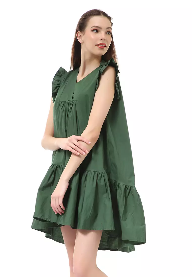 Rachel Mini Dress Ruffle Wanita Lengan Pendek Motif Polos Material Cotton ORIGINAL - Forest Green