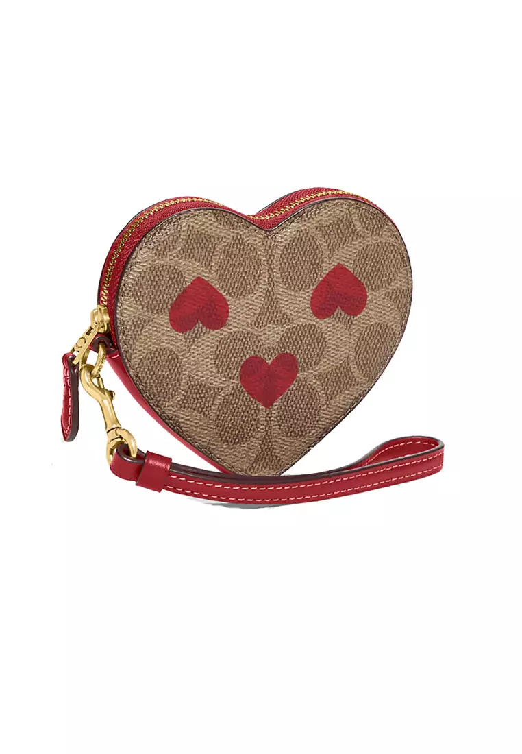 Coach Signature Coated Canvas with Heart Print Wristlet - Tan Red Apple