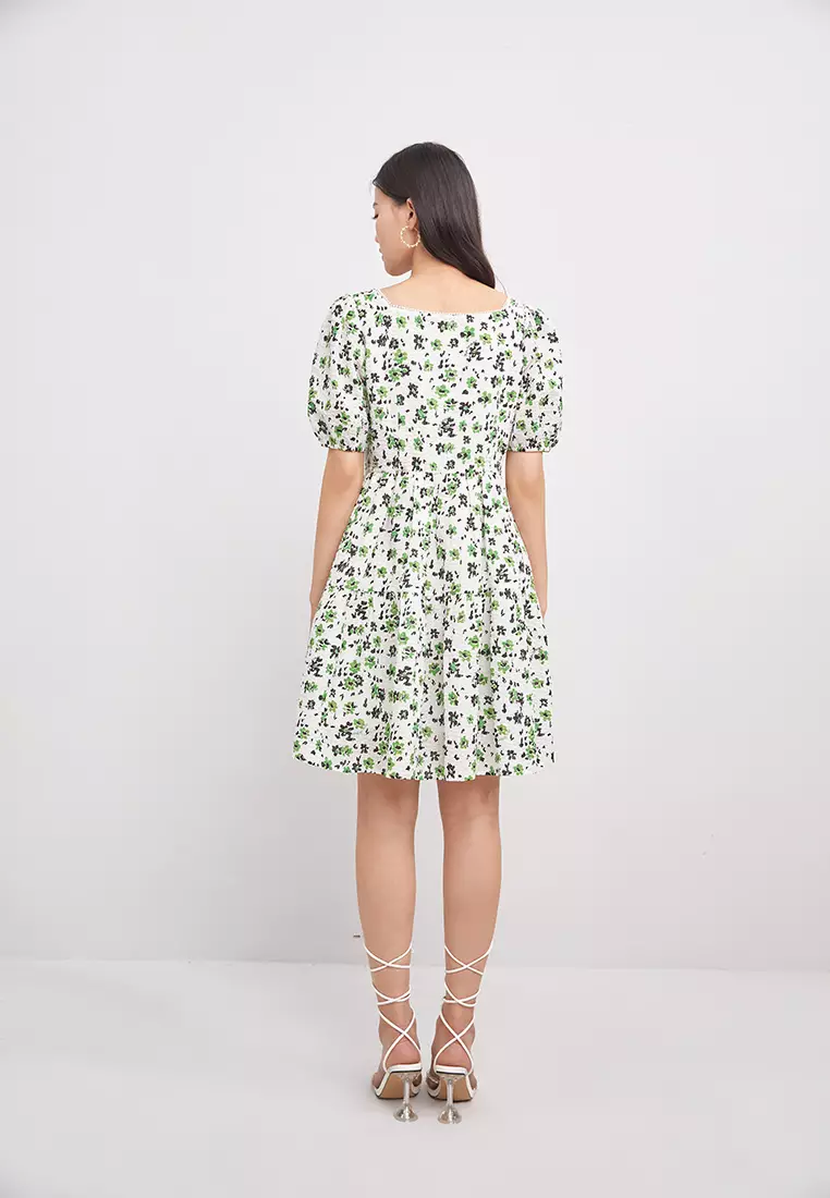 Square Neck Textured Floral Mini Dress