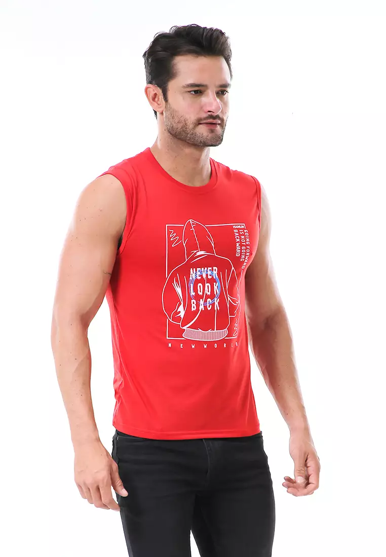 Bobby Atasan Kasual Pria Singlet Motif Never Look Back Sleeveless Tshirt Material Cotton ORIGINAL - Red