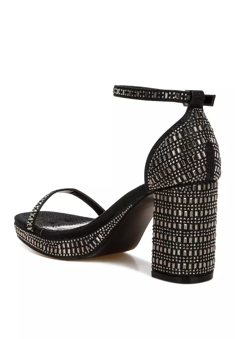 Black Rhinestones Embellished Block Sandals
