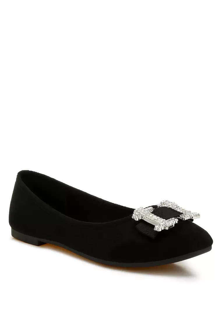 Rhinestone Buckle Detail Ballerinas in Black