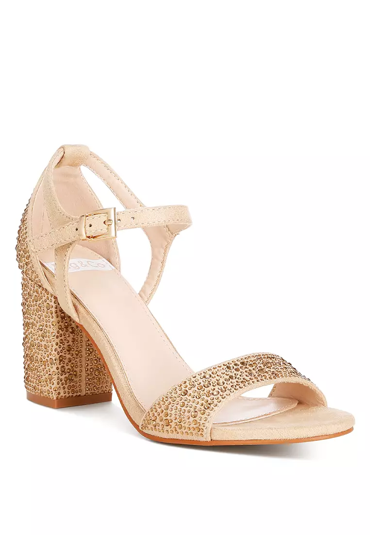Rhinestones Embellished Sandals in Beige