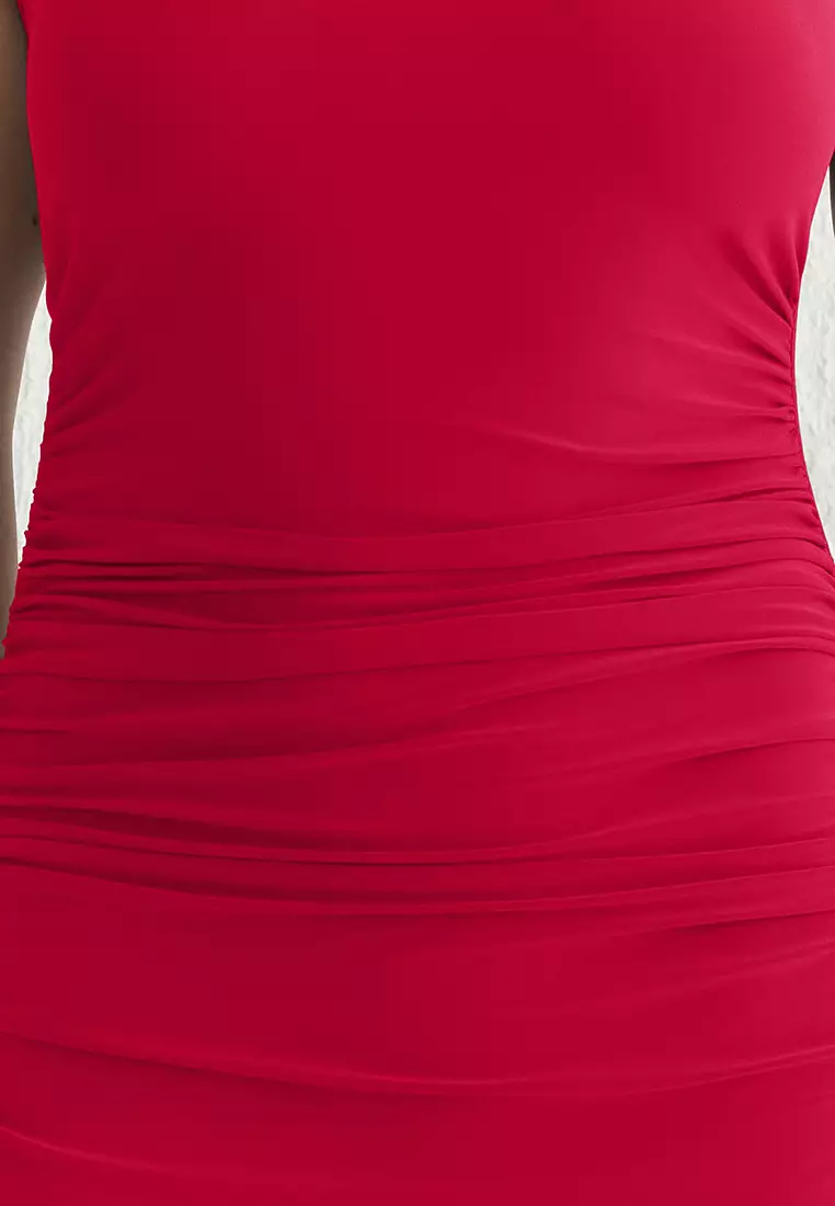 Red Hem Ruffle Detail Knitted Stylish Evening Dress