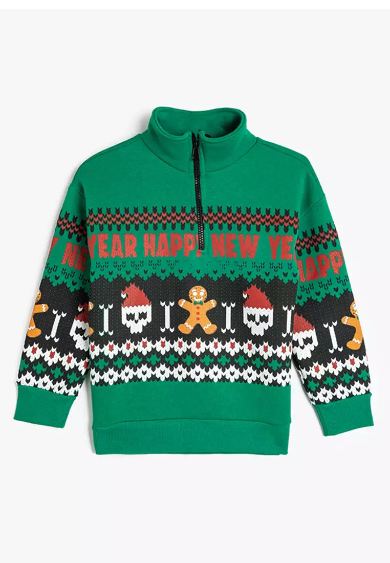 Stand Collar Half Zipper Skull Printed Raised Sweatshirt