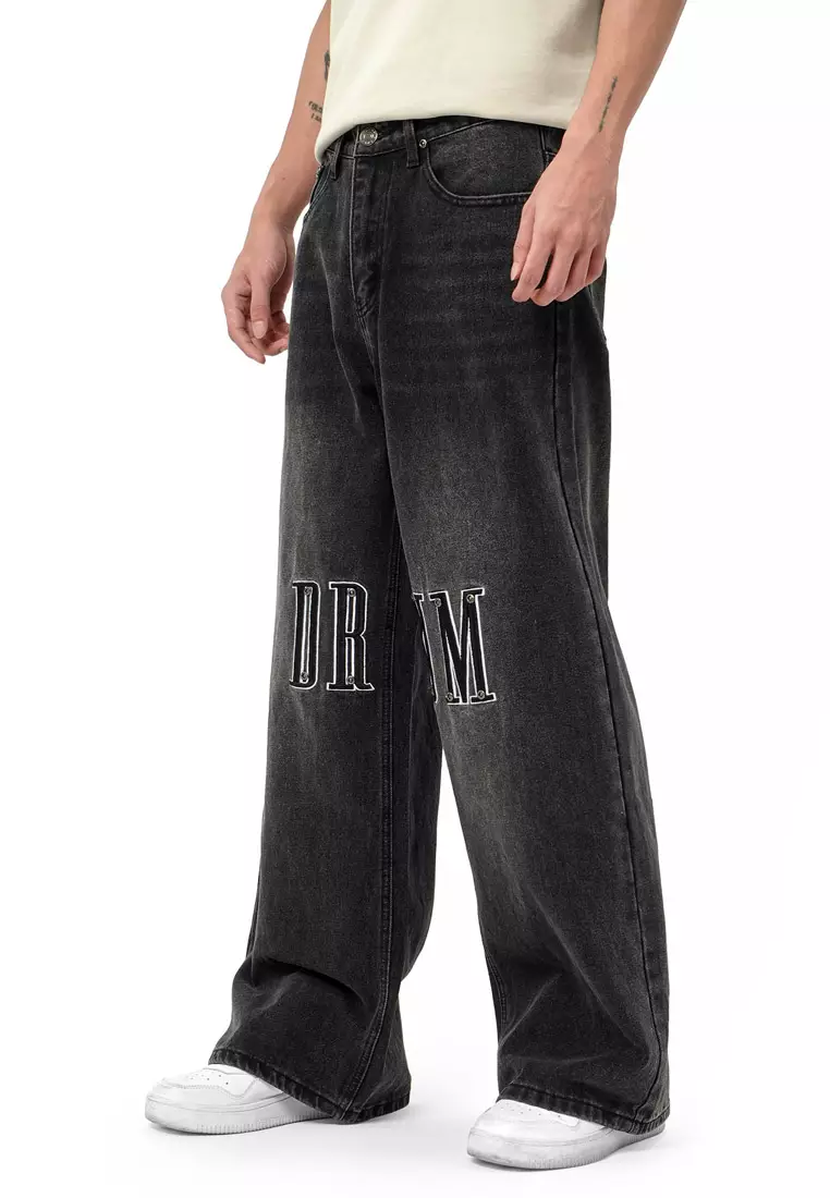 DRUM Select Studded Embroidery Baggy Jeans- Black
