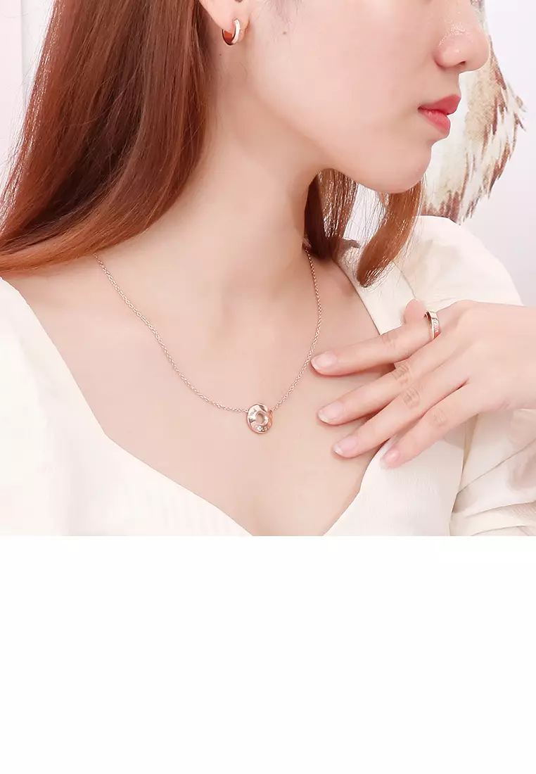 Fashion Simple Plated Rose Gold Geometric Round Love 316L Stainless Steel Pendant with Cubic Zirconia and Necklace