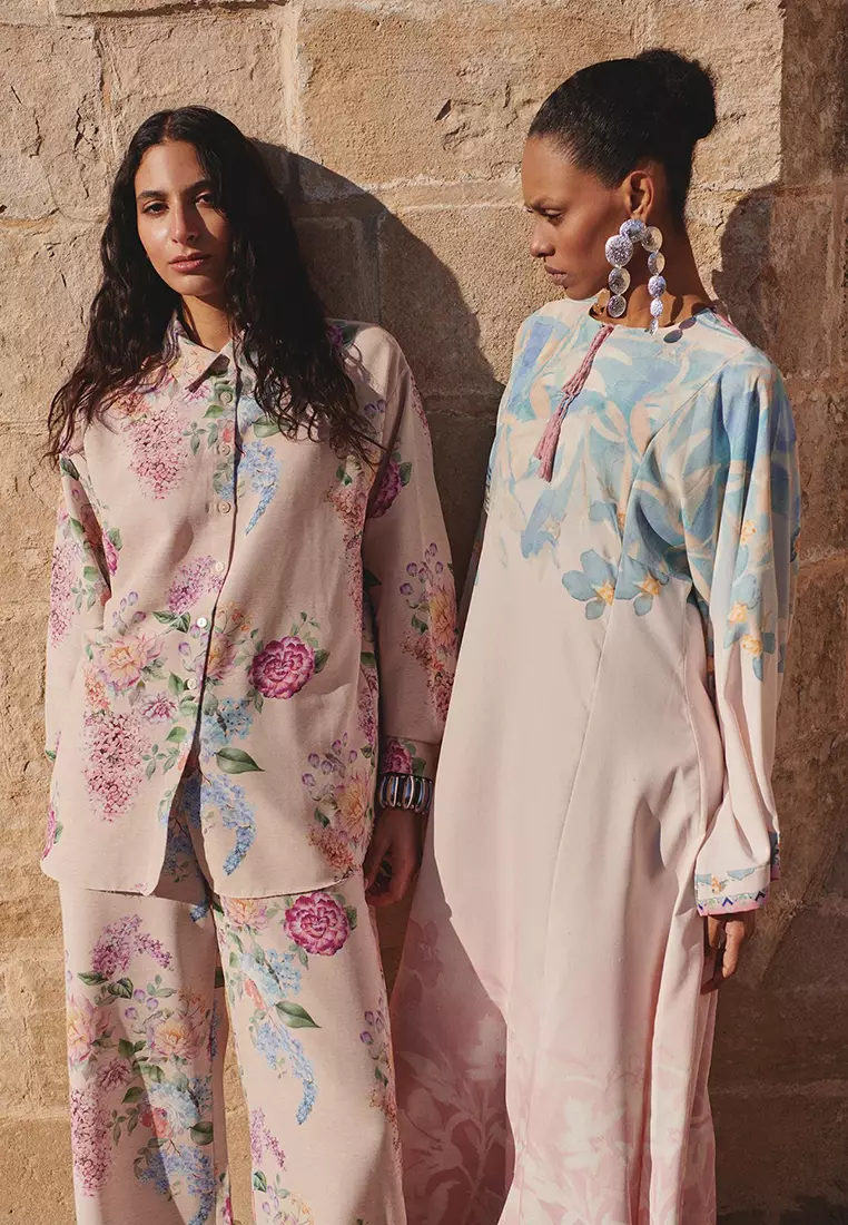 Powder Linen Look Spanish Sleeve Belted Patterned Woven Dress TCTSS25EB00033