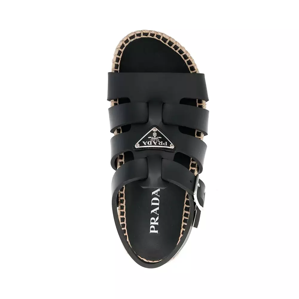 Jual Prada Prada Triangle Logo Strappy Sandals Raffia and Leather Black ...
