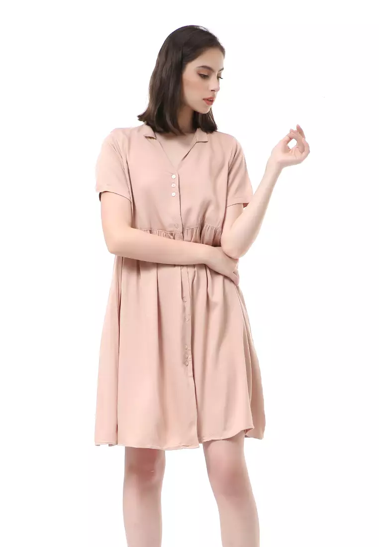 Rachel Dress Wanita Lengan Pendek Full Kancing Stylish Material Cotton ORIGINAL - Choco Pink