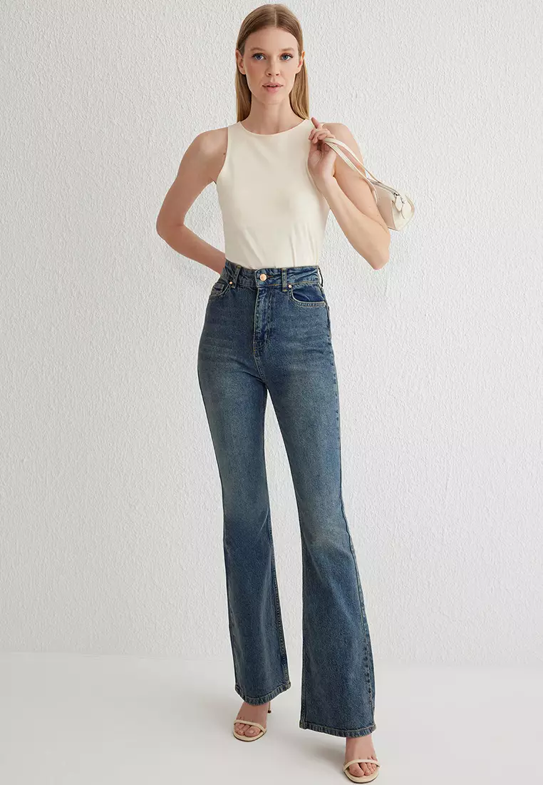 Dark Blue High Waist Flare Jeans