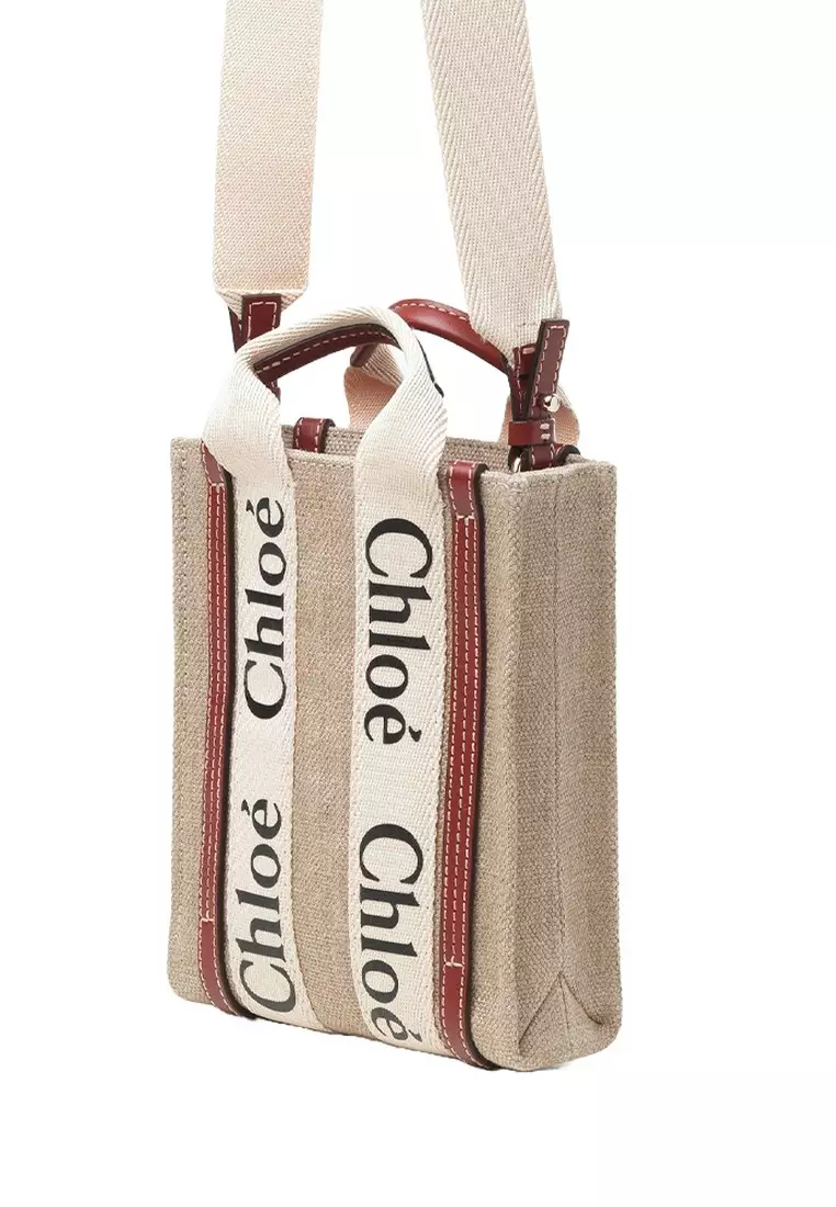 Mini Woody North South Tote Bag in White/Brown