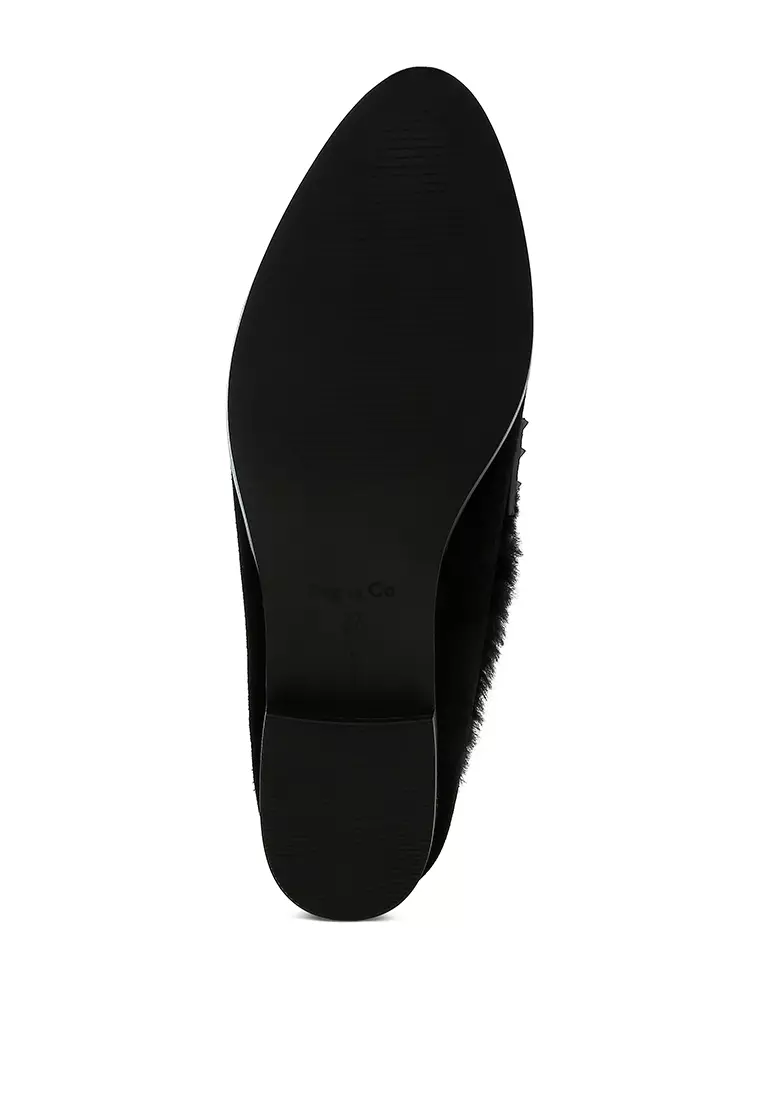 Fur Trim Suede Loafers in Black