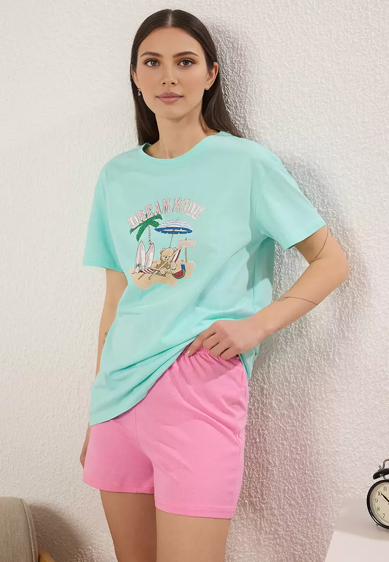 Turquoise-Pink 100% Cotton Summer Themed Knitted Pajama Set with Shorts THMSS25PT00262