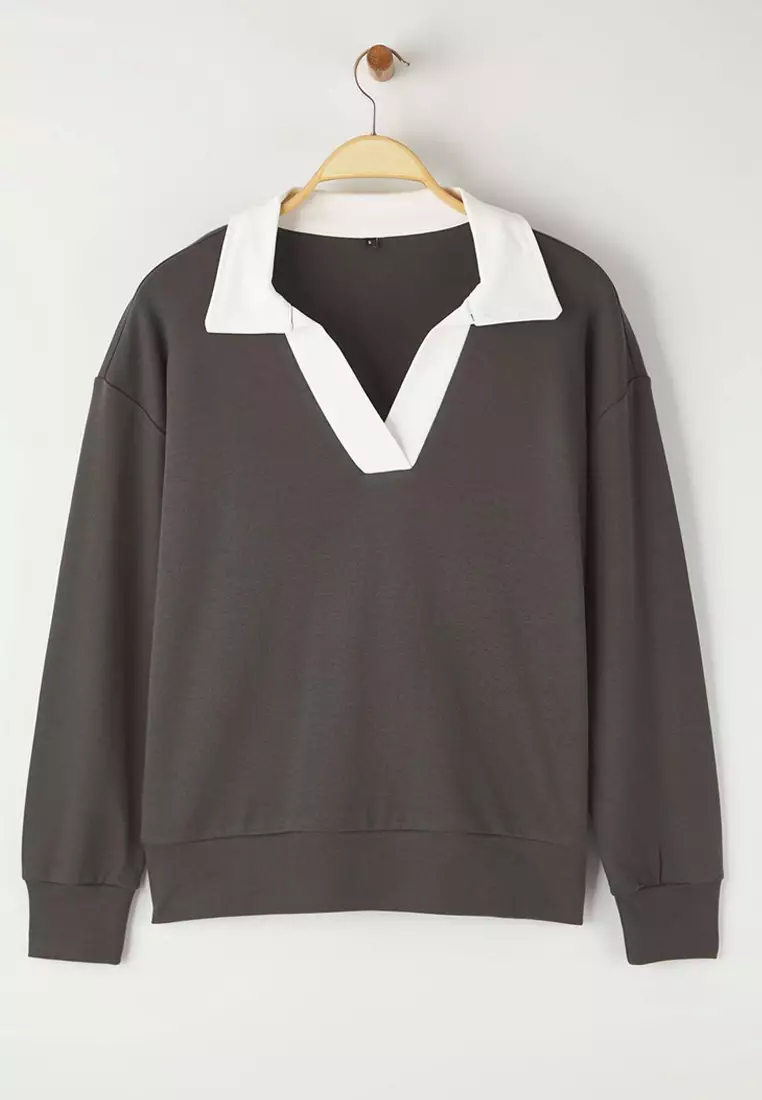 Anthracite Color Block Polo Neck Relaxed/Comfortable Pattern Knitted Sweatshirt