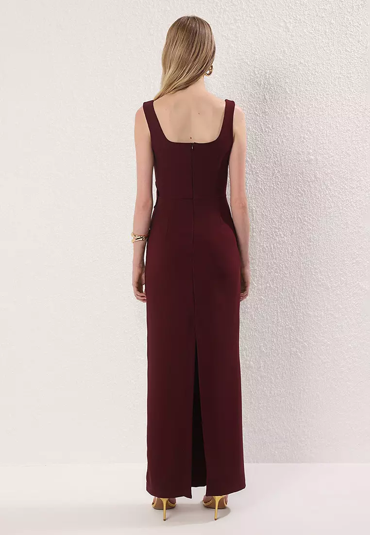 Burgundy Floral Applique Detailed Woven Maxi Evening Dress Night Graduation Dress TPRSS25AE00177