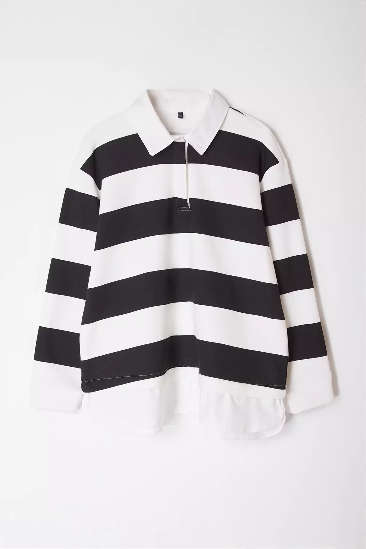 Black-White Striped Bottom Shirt Detachable Knitted Sweatshirt