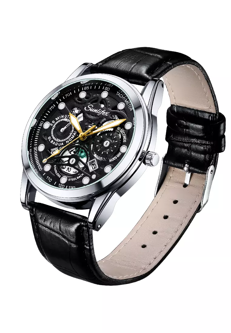 Jam Tangan Pria Dial Berongga Anti Air Kuarsa Tali Kulit Jam Pria Original Santai Mode Jam Tangan Cowok 7001 all black