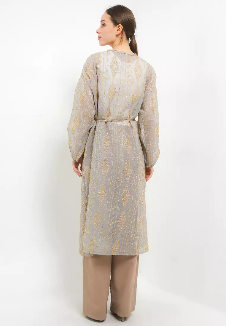 Ethnic Emb Linen Outer W/ Gold Tassel Belt