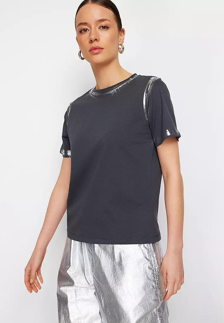 Anthracite Gilded Loose/Comfortable Pattern Knitted T-Shirt