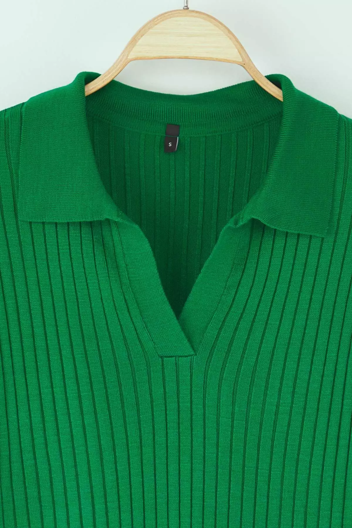 Emerald Green Striped Sleeve Detail Polo Collar Knitwear Sweater Twoaw21Kz1113