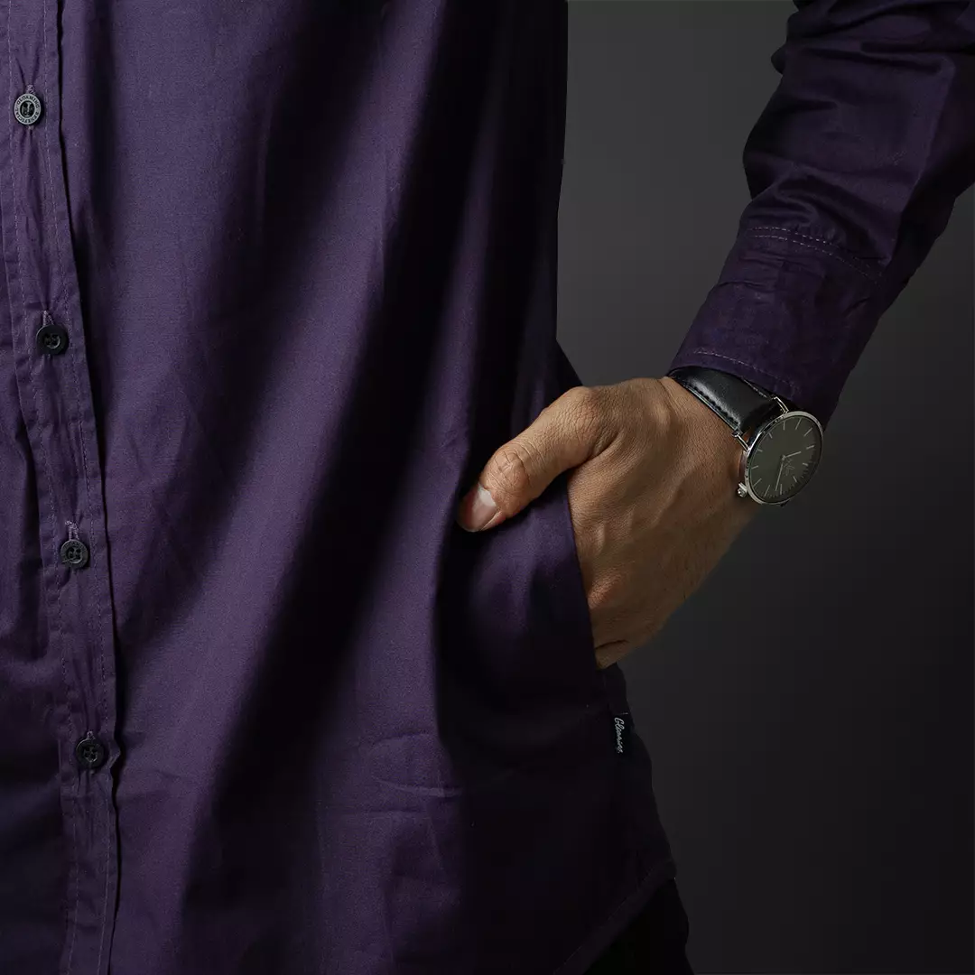 Cotton Worn Collarless Shanghai Kemeja Panjang Purple