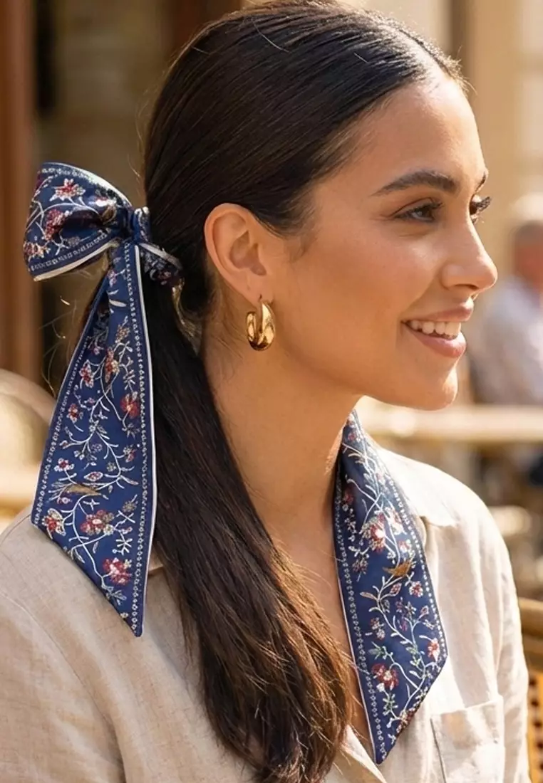 Aksesoris Wanita Double side Floral Twilly Skinny Multi purpose Scarf Blue & Multi 