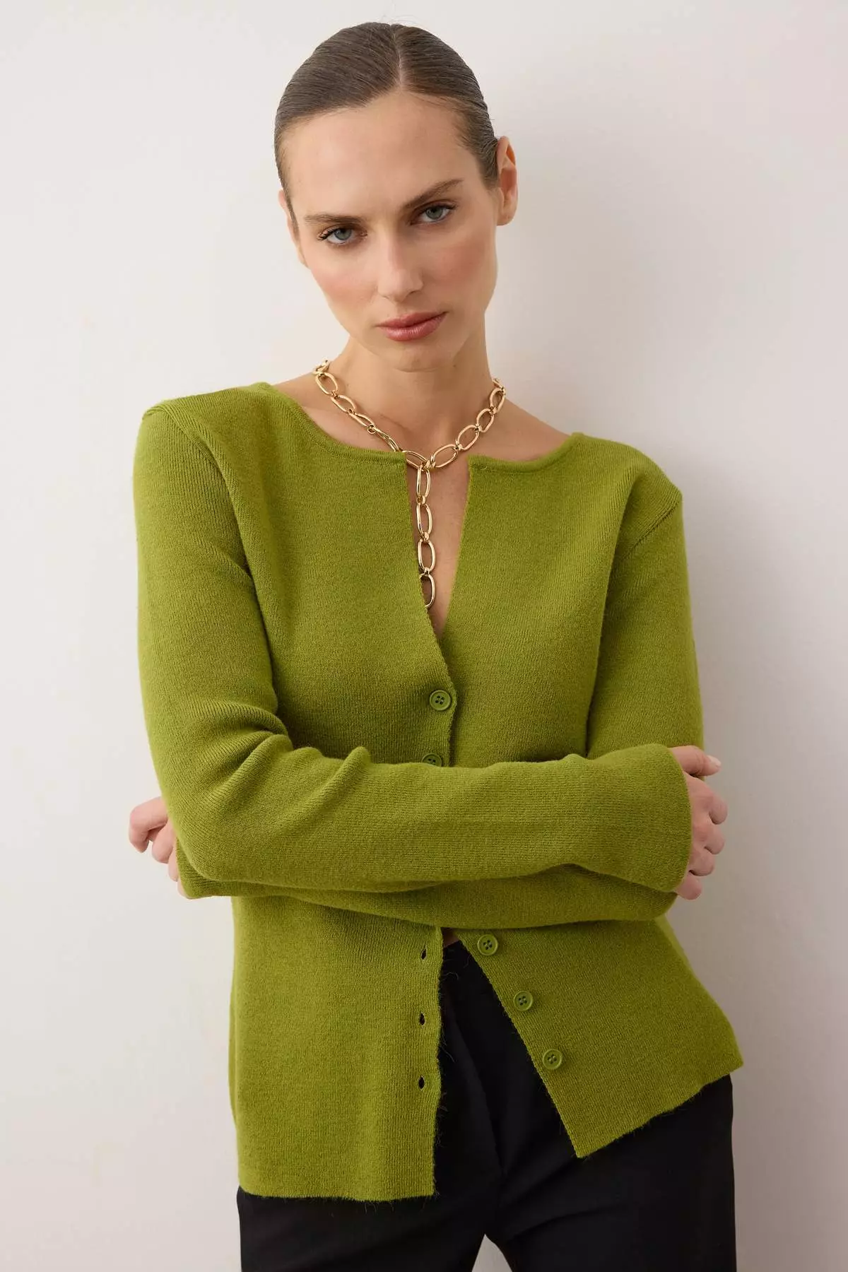 Oil Green Premium Yarn/Special Yarn Fitted/Fitting Wool Knitwear Cardigan Twoaw26Hi46