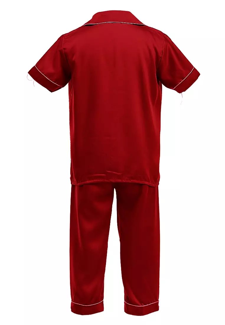 Joyce Piyama Anak Unisex Lengan Pendek Kids Pajamas Motif Polos Material Satin ORIGINAL - Maroon