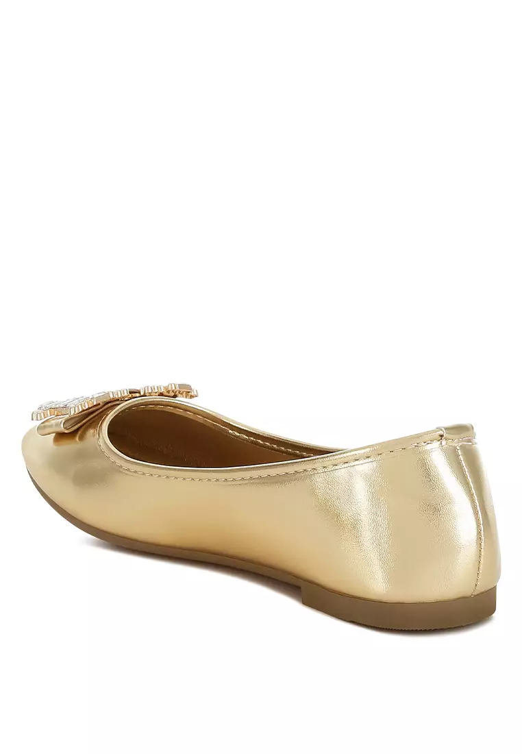 Rhinestone Buckle Metallic Ballerinas in Gold
