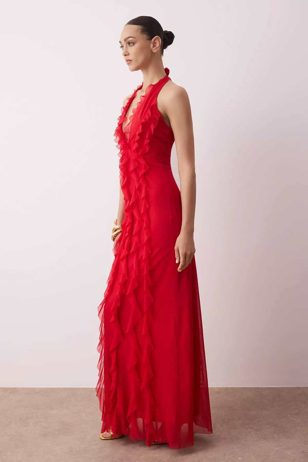 Limited Edition Red Ruffle Lined Tulle Evening Dress