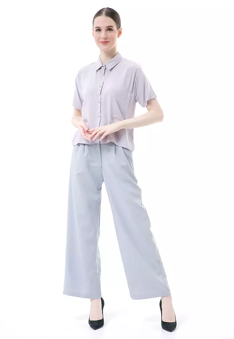 Melinda Kemeja Crop Top Atasan Wanita Motif Polos Relaxed Fit - Grey