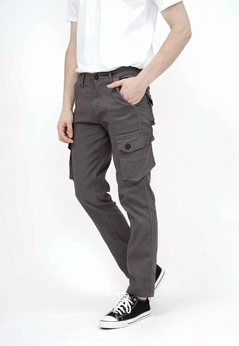 Celana Panjang kargo Pria Slim Fit Cargo pants kantong stretch melar abu tua