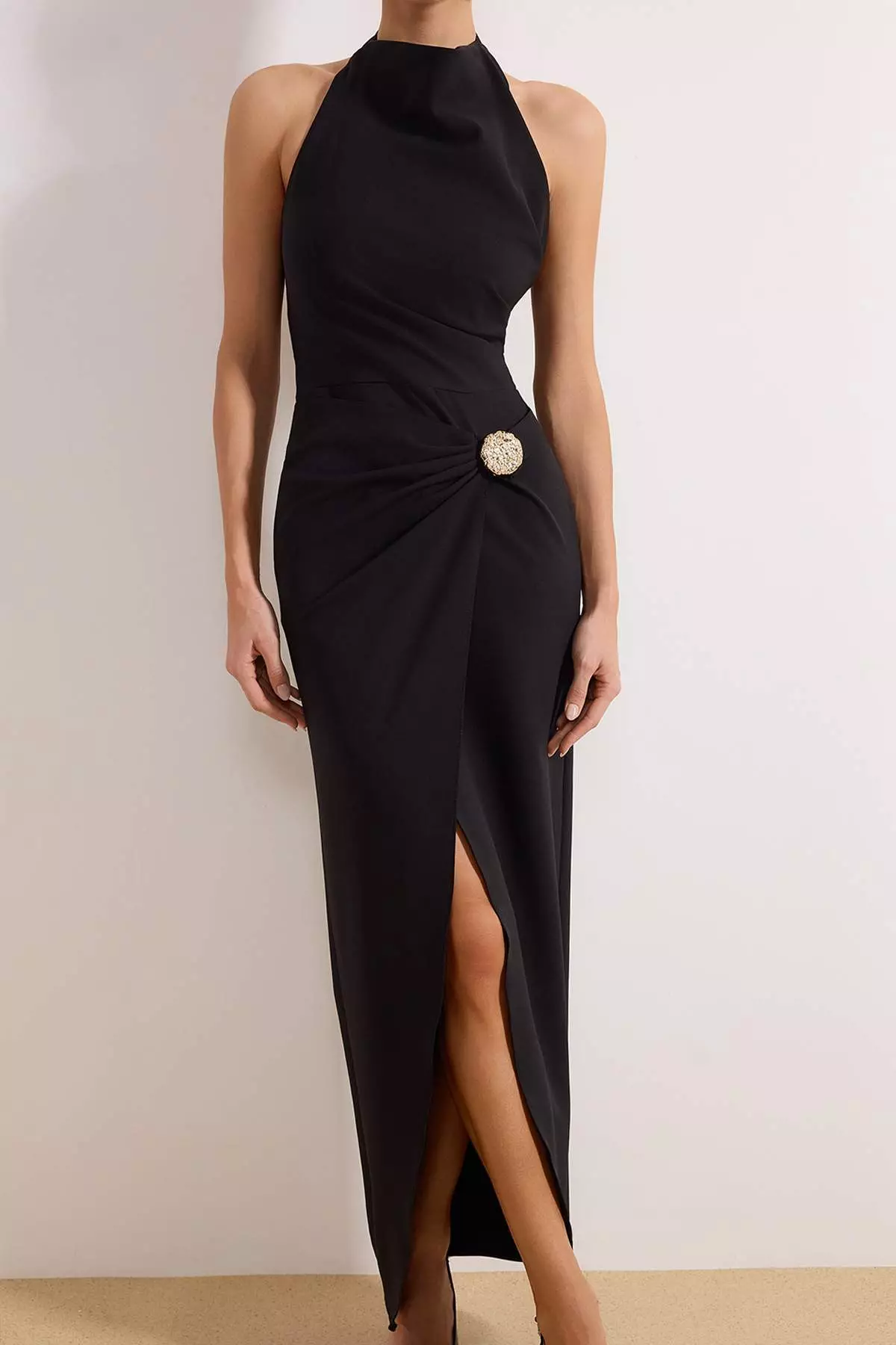 Black Accessory Detailed Slit Woven Maxi Evening Dress & Graduation Dress