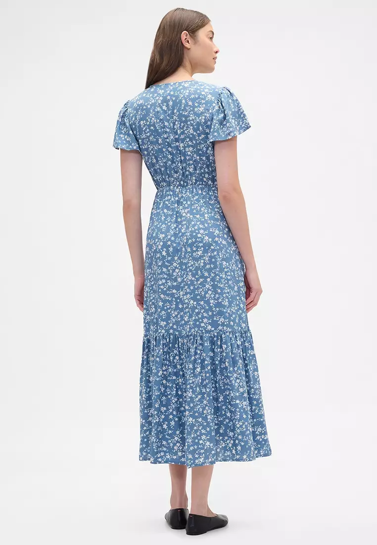 Short Sleeve V-Neck Ruched Maxi Dress