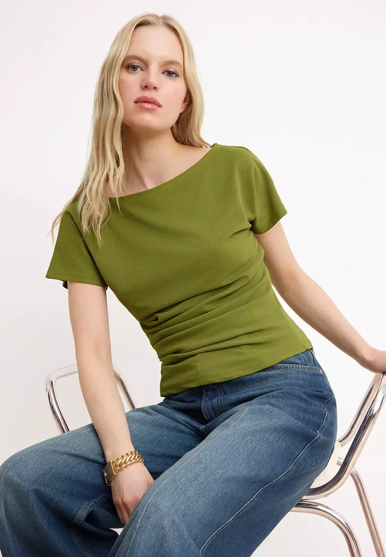 Boat Neck Ruched Top