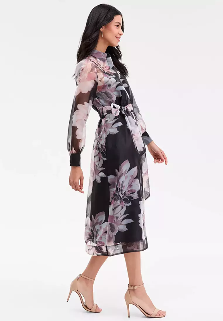 Women's Floral Organza Long-Sleeve Shirtdress
