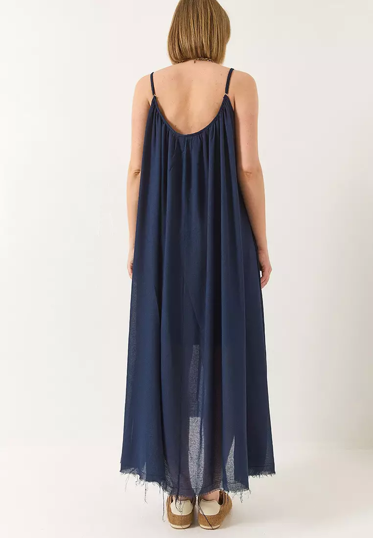 Women's Thin Strap Loose Lined Cotton Summer Long Linen Dress 5971 60281031