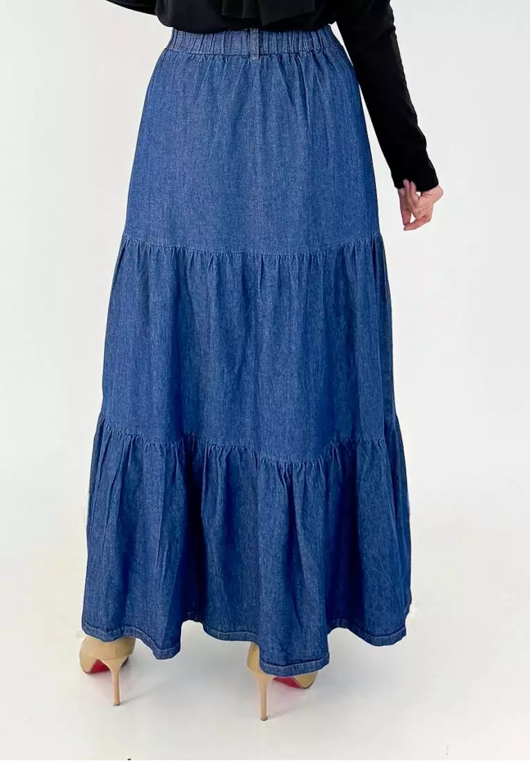 LEZAHRASIGNATURE Arabel Denim Skirt (Rok Panjang Jeans Flare) Biru Tua