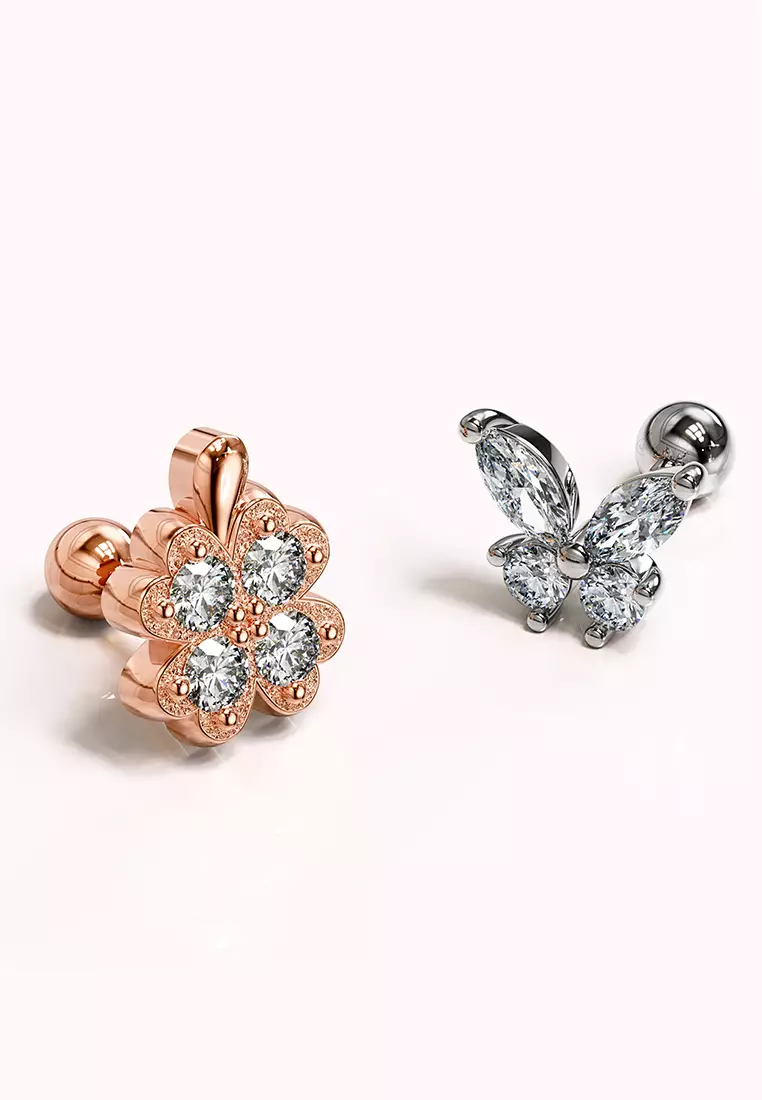 Solid 925 Sterling Silver Mismatch Butterfly Clover Zirconias Cartilage Earrings