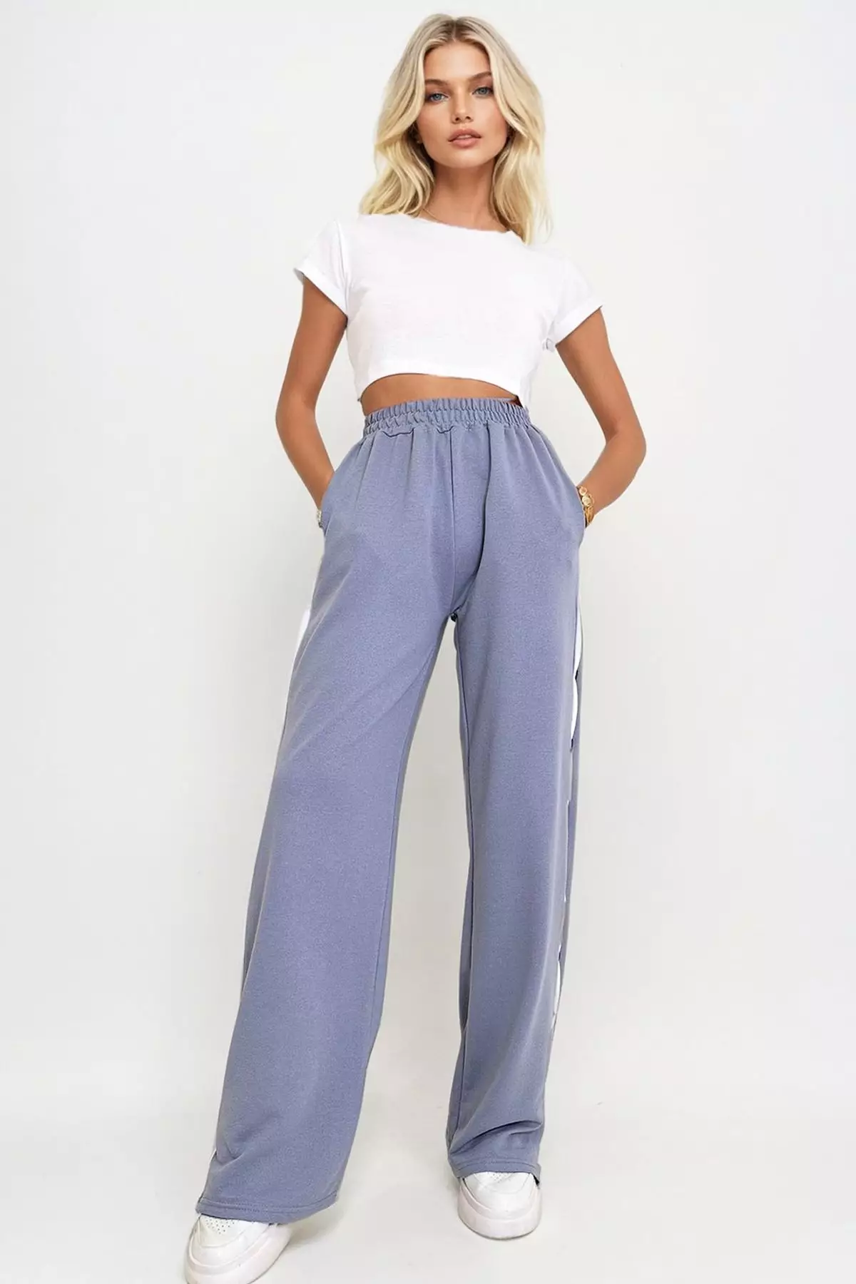 Women's Painted Gray Double Pocket Elastic Side Striped Wide Leg Trousers