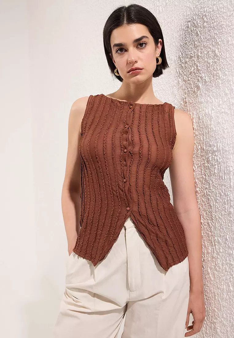 Brown Knitwear Look Regular/Normal Fit Knitted Blouse Twoss25Bz00385