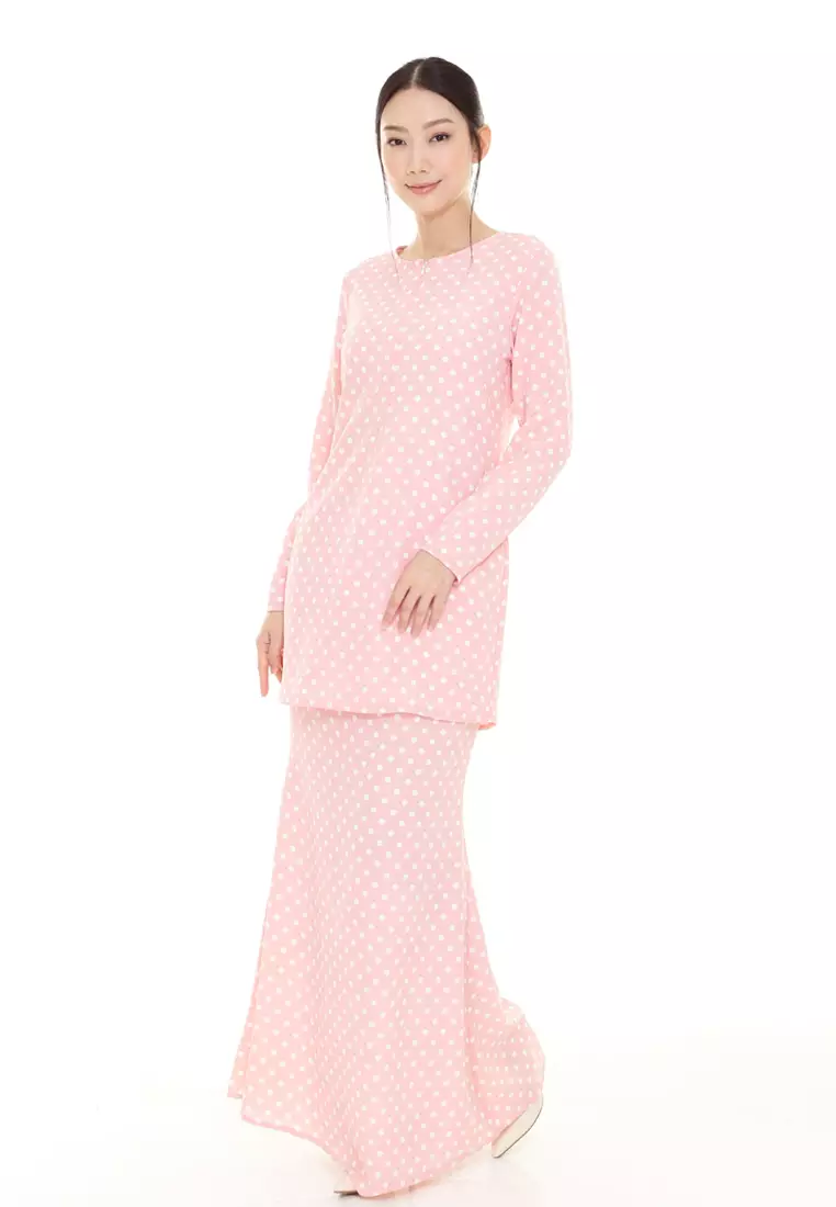 Rina Printed Kurung Modern in Soft Pink Polka Dot