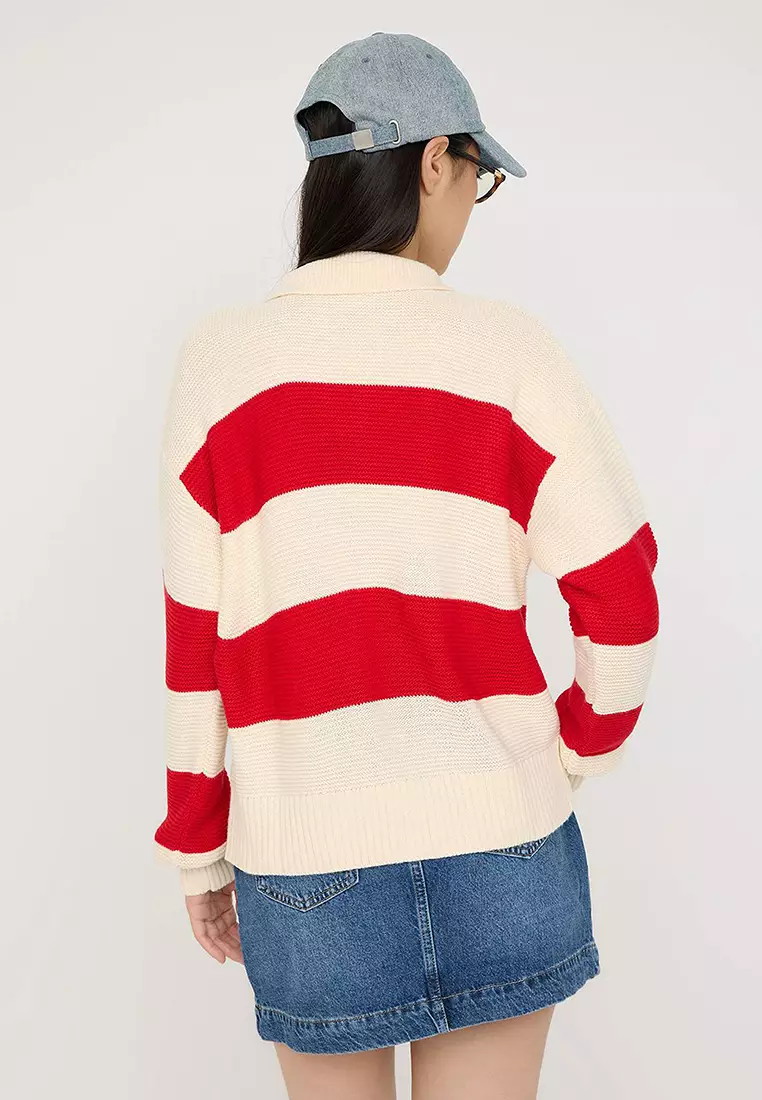 Teen Stone Striped Polo Neck Knit Cardigan Twoaw26Hi00202