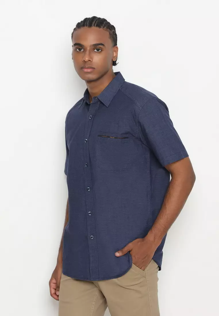 POLICE Kemeja Polos Cotton Twill Slub Biru Tua Regular Fit Pria