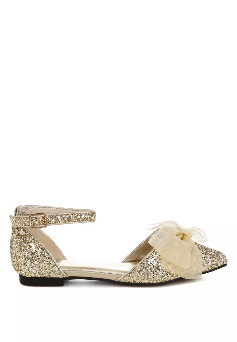 Sheer Bow Detail Glitter Flat Sandals in Gold